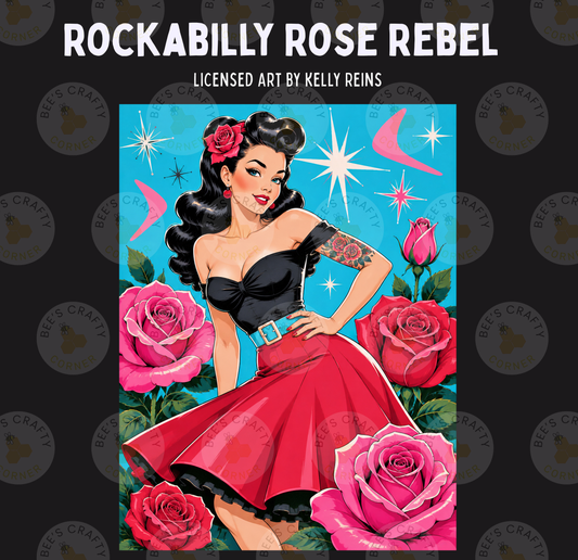 The image is a vibrant illustration featuring a woman with a red skirt and a black top, surrounded by pink roses and a starry blue background.