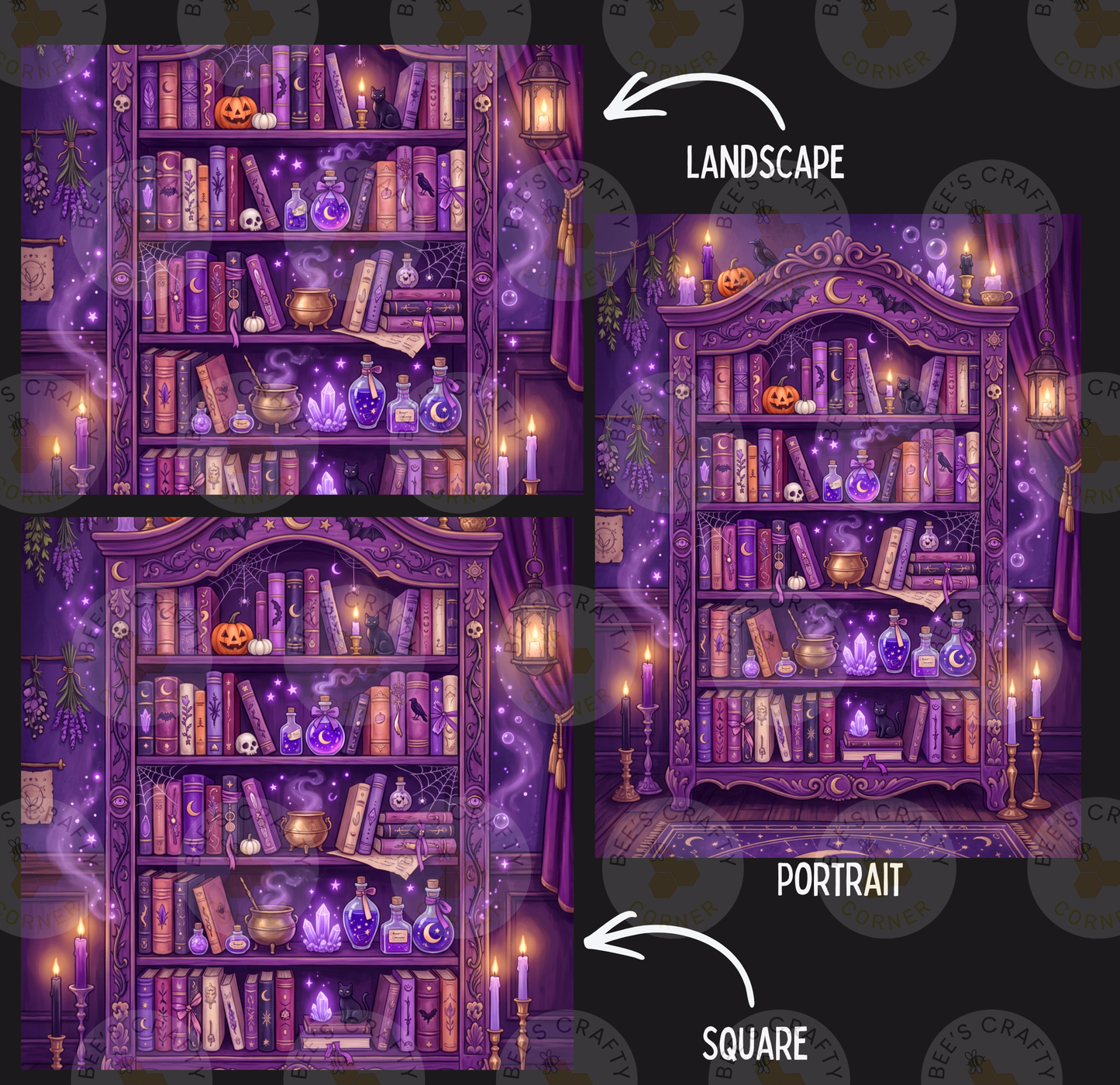 The image is a collage of three pictures depicting a purple bookshelf filled with various items, including books, bottles, and a pumpkin. The bookshelf is set against a purple background with a crescent moon and stars, creating a magical and mystical atmosphere. The collage includes a landscape, a portrait, and a square image, each with a caption indicating the type of image it is.