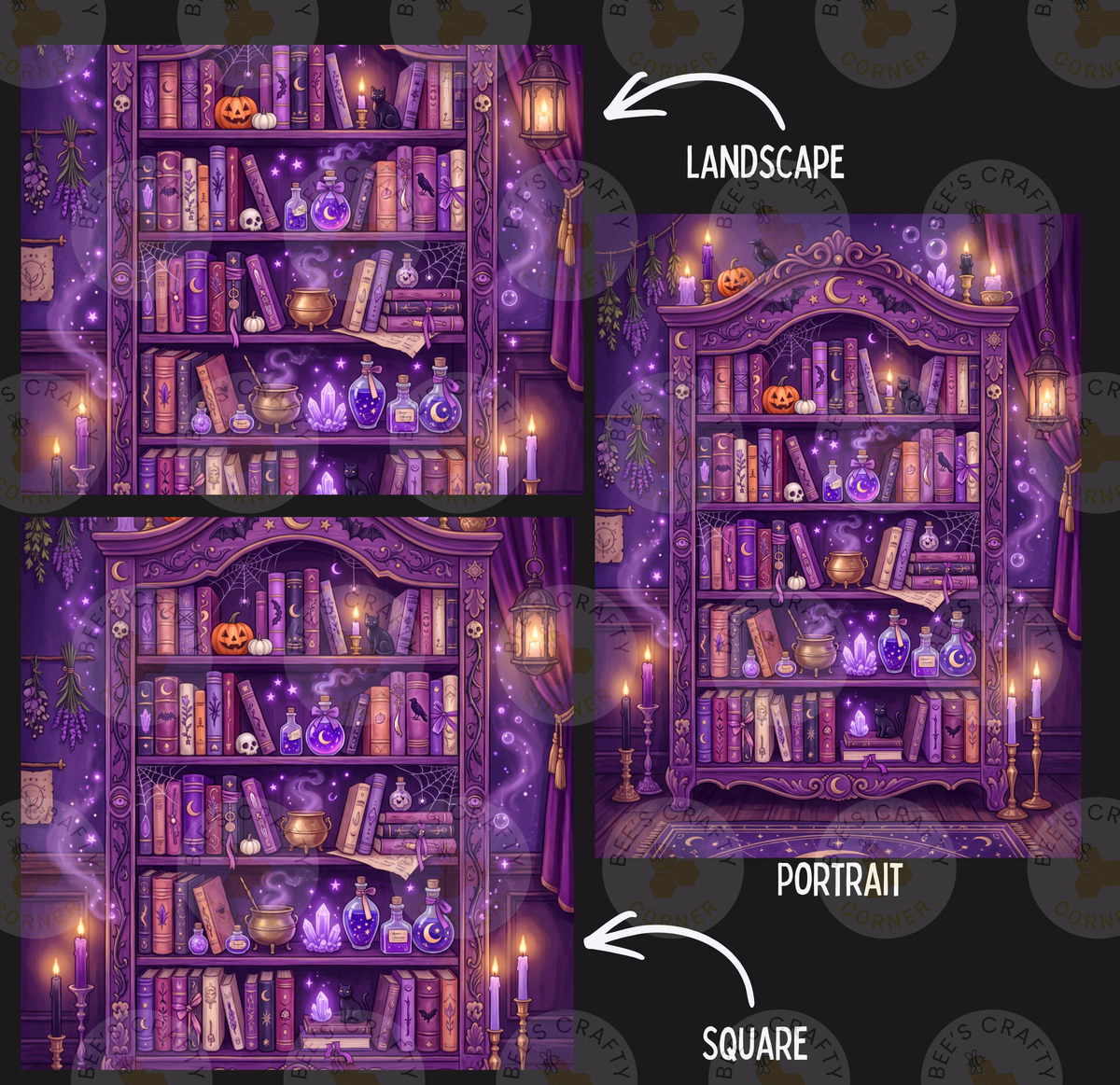 The image is a collage of three pictures depicting a purple bookshelf filled with various items, including books, bottles, and a pumpkin. The bookshelf is set against a purple background with a crescent moon and stars, creating a magical and mystical atmosphere. The collage includes a landscape, a portrait, and a square image, each with a caption indicating the type of image it is.