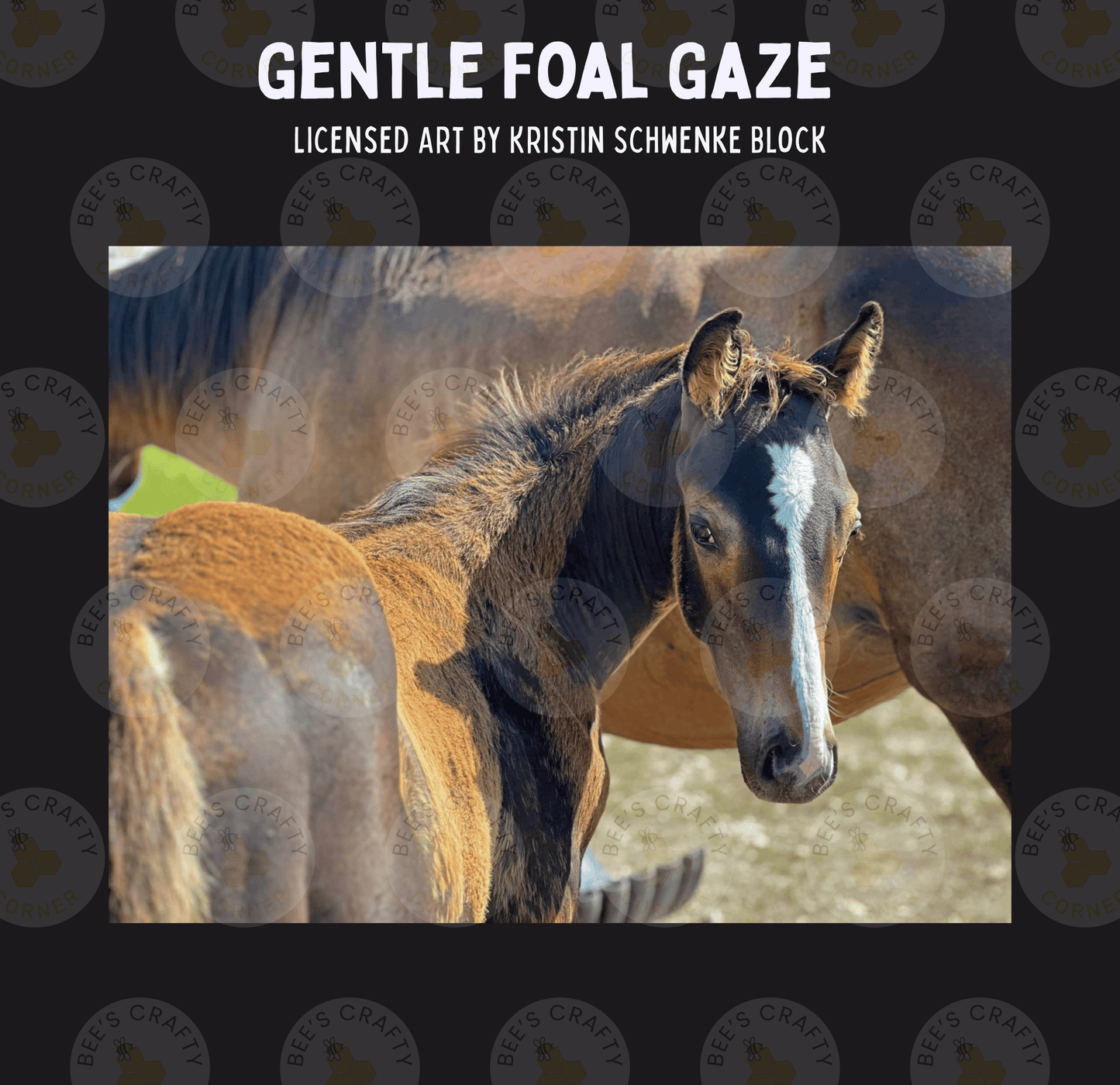 A close-up photograph of a foal's head and neck, with the foal's eyes and ears clearly visible. The background is blurred, drawing attention to the foal.