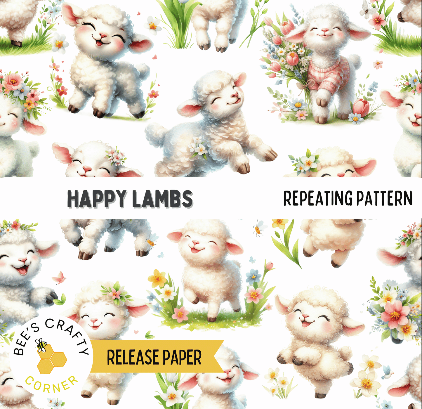 a repeating pattern of smiling sheep in various poses, including standing, sitting, and walking, surrounded by flowers and grass.