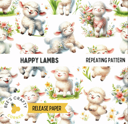 a repeating pattern of smiling sheep in various poses, including standing, sitting, and walking, surrounded by flowers and grass.