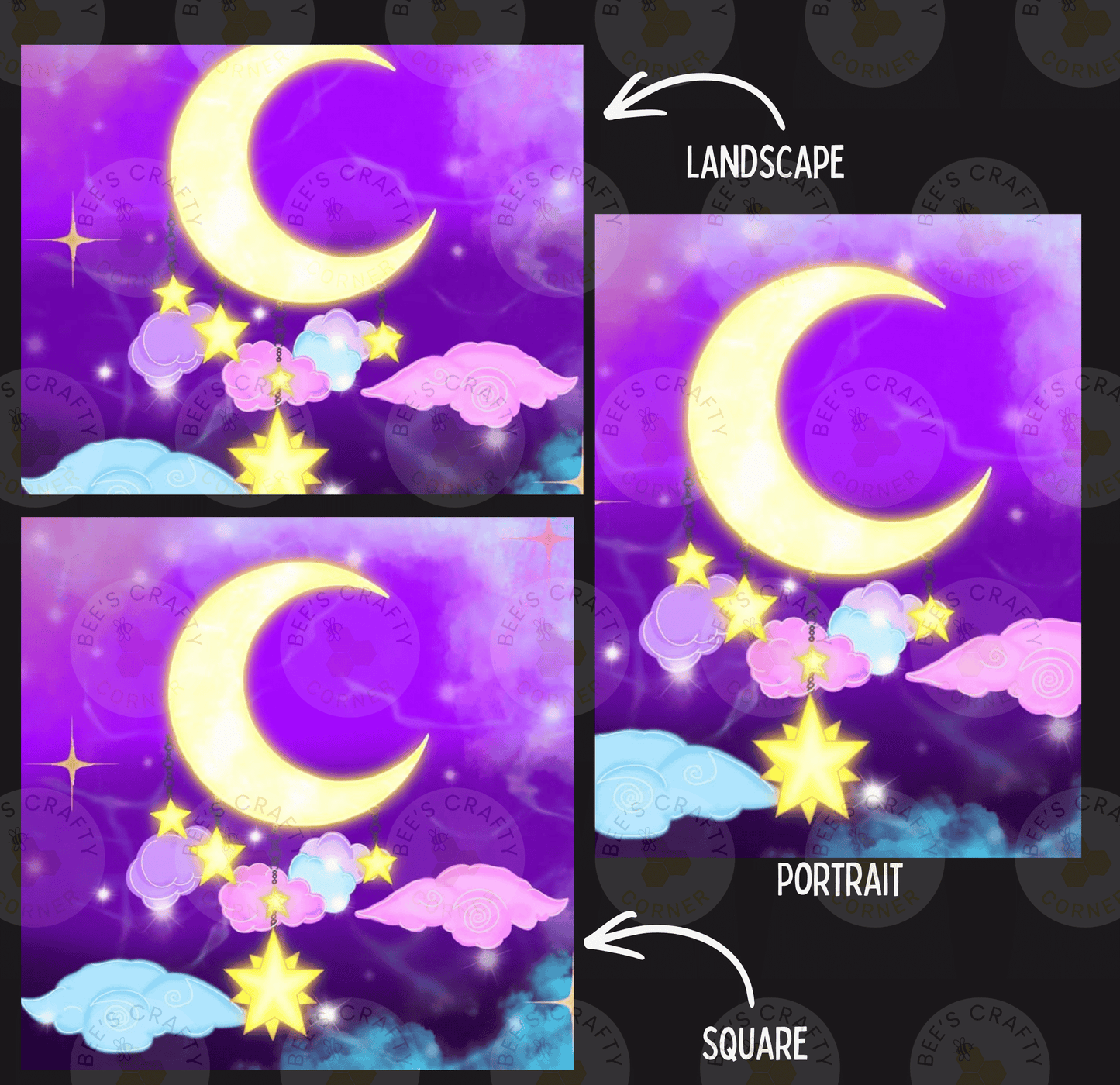 The image is a collage of three pictures depicting a night sky with a crescent moon, stars, and clouds. The first image is a landscape, the second is a portrait, and the third is a square.