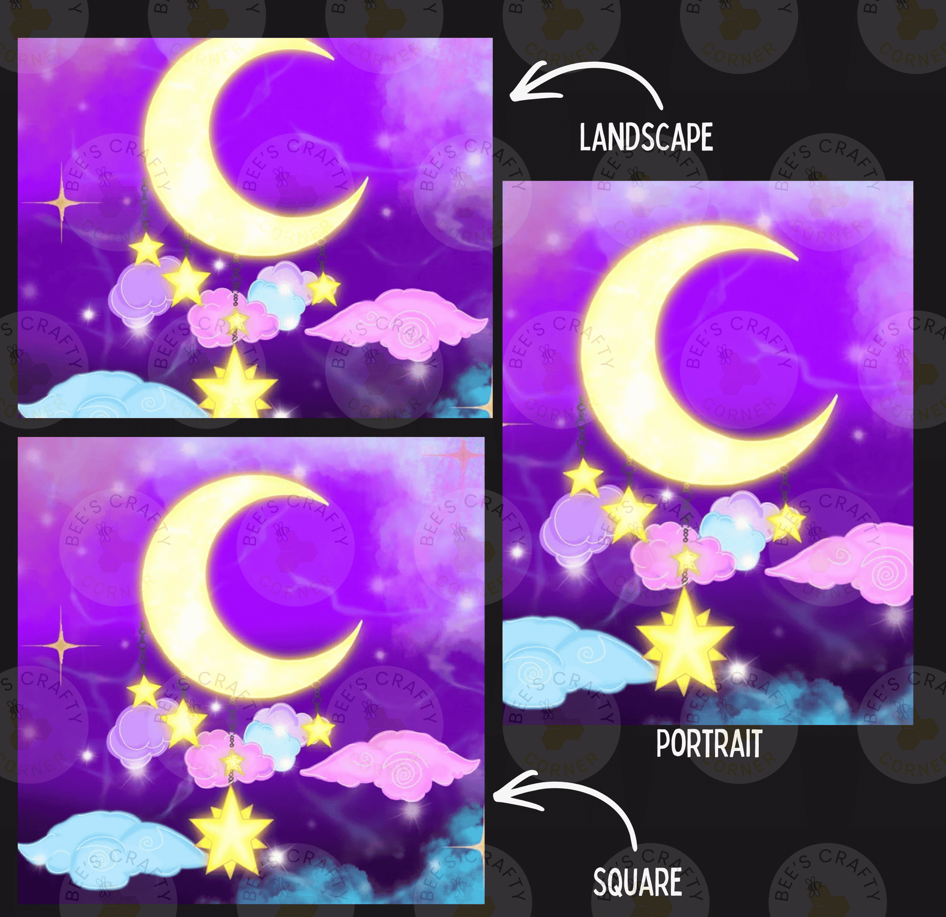 The image is a collage of three pictures depicting a night sky with a crescent moon, stars, and clouds. The first image is a landscape, the second is a portrait, and the third is a square.
