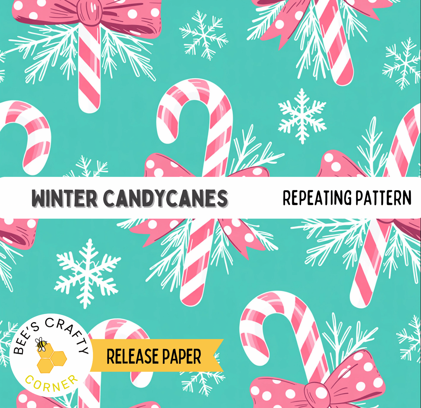 The image is a repeating pattern of winter candy canes against a teal background, with snowflakes and pink bows.