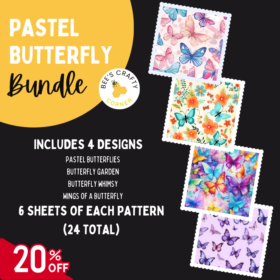 The image is an advertisement for a pastel butterfly craft bundle, featuring four different butterfly designs and six sheets of each pattern. The bundle includes pastel butterflies, a butterfly garden, a butterfly whimsy, and butterfly wings of a butterfly. The bundle is available for $24, with a 20% discount.