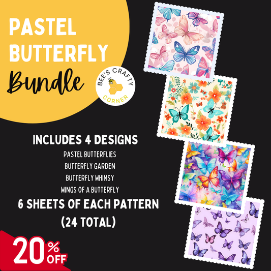 The image is an advertisement for a pastel butterfly craft bundle, featuring four different butterfly designs and six sheets of each pattern. The bundle includes pastel butterflies, a butterfly garden, a butterfly whimsy, and butterfly wings of a butterfly. The bundle is available for $24, with a 20% discount.