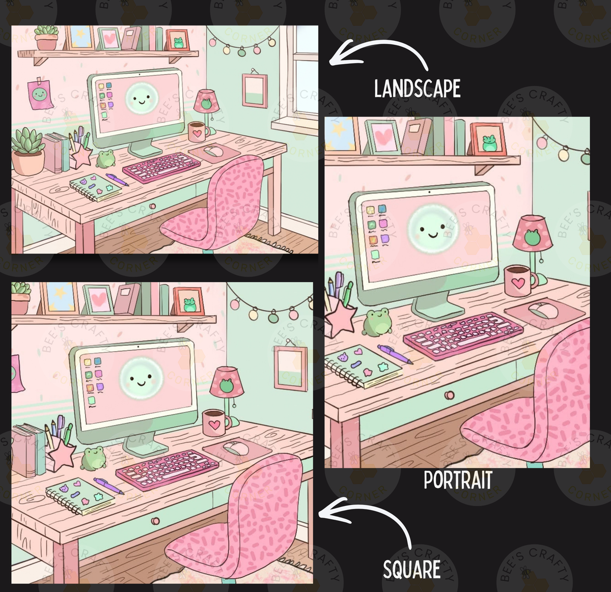 The image is a collage of three pictures depicting a workspace with a computer, desk, and various office supplies. The first image shows a landscape with a computer, desk, and office supplies. The second image depicts a portrait of the same workspace. The third image shows a square of the workspace.