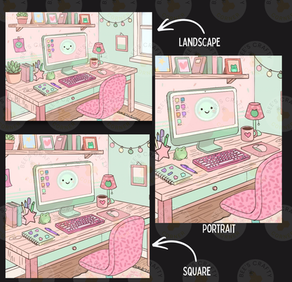 The image is a collage of three pictures depicting a workspace with a computer, desk, and various office supplies. The first image shows a landscape with a computer, desk, and office supplies. The second image depicts a portrait of the same workspace. The third image shows a square of the workspace.
