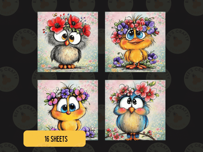 four square illustrations of cute birds wearing flower wreaths on their heads.