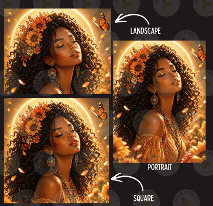 The image is a collage of three pictures depicting a woman with curly hair and a flower crown, surrounded by a floral background.