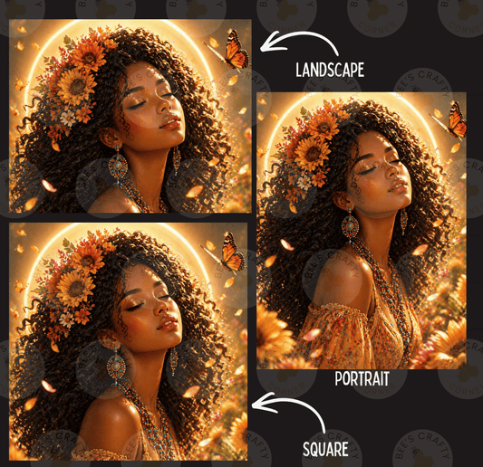 The image is a collage of three pictures depicting a woman with curly hair and a flower crown, surrounded by a floral background.