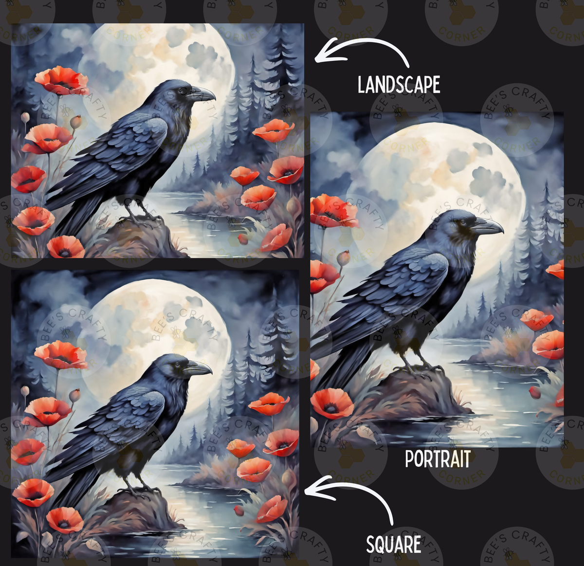 The image is a collage of three pictures depicting a black crow perched on a rock, surrounded by red poppies and a full moon. The first image is a landscape, the second is a portrait, and the third is a square.