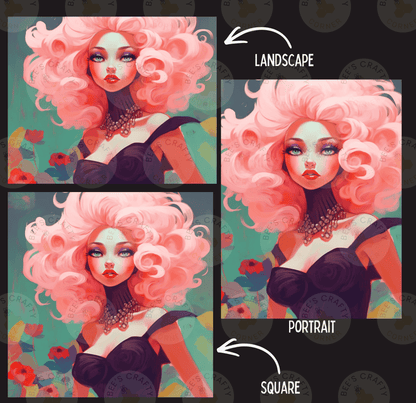 The image is a collage of three images depicting a woman with pink hair and a black dress. The first image shows the woman with curly pink hair, the second image shows the woman with a square portrait, and the third image shows the woman with a landscape.