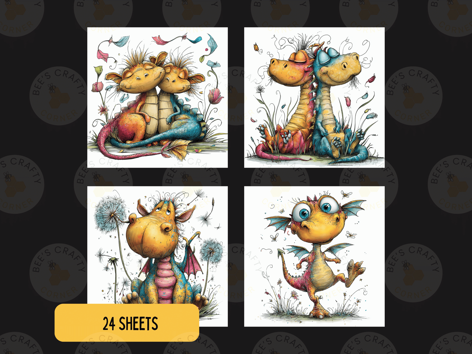 four colorful illustrations of cartoon-like dragons, each with unique features and expressions.