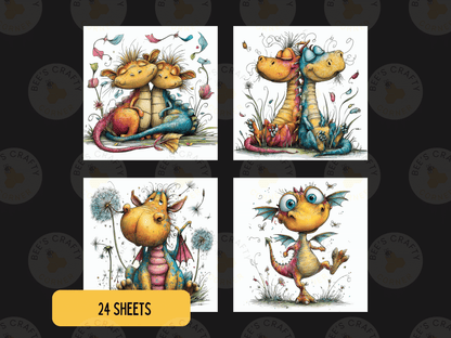 four colorful illustrations of cartoon-like dragons, each with unique features and expressions.