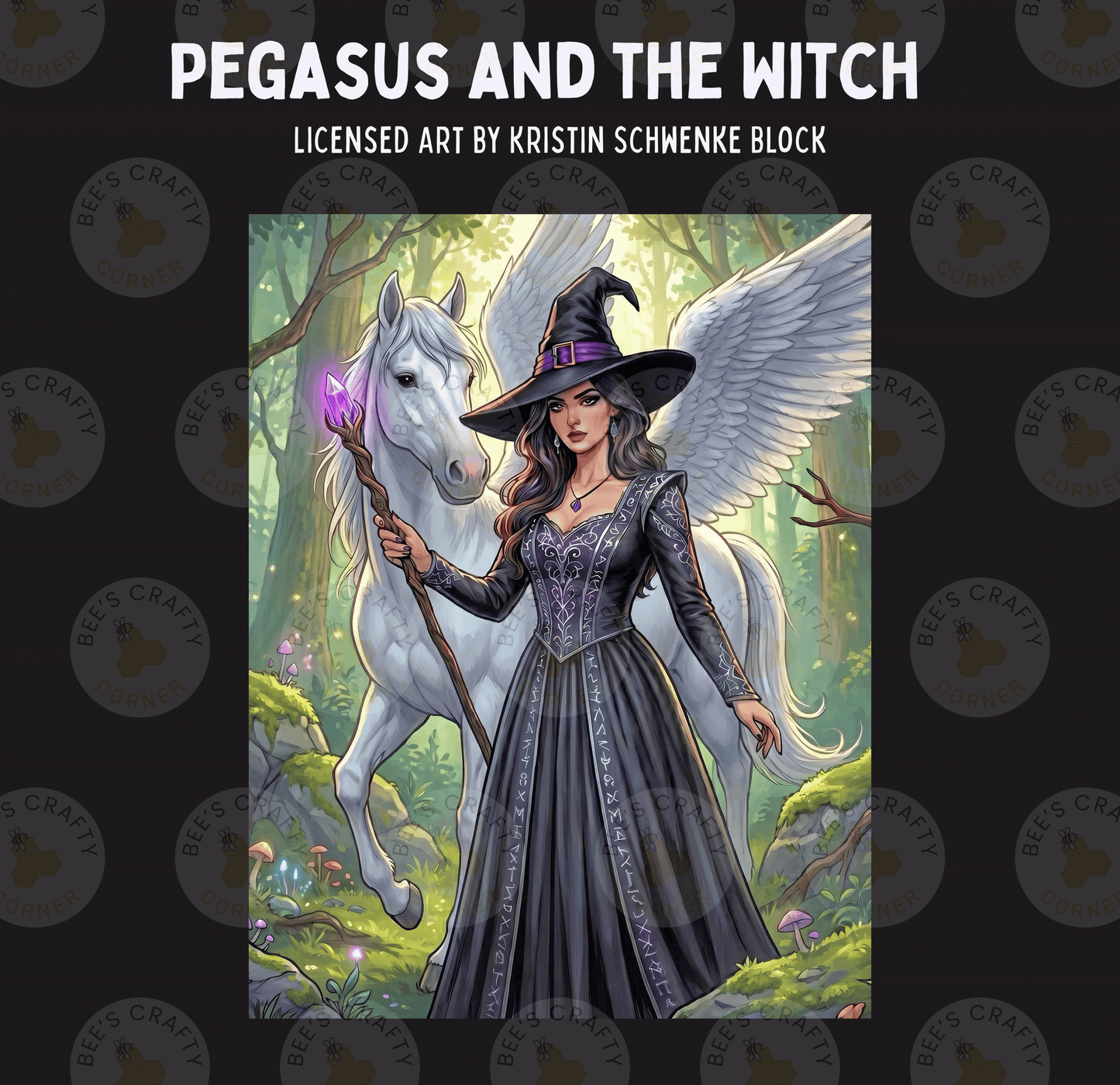 a woman dressed as a witch standing next to a white unicorn in a forest setting.
