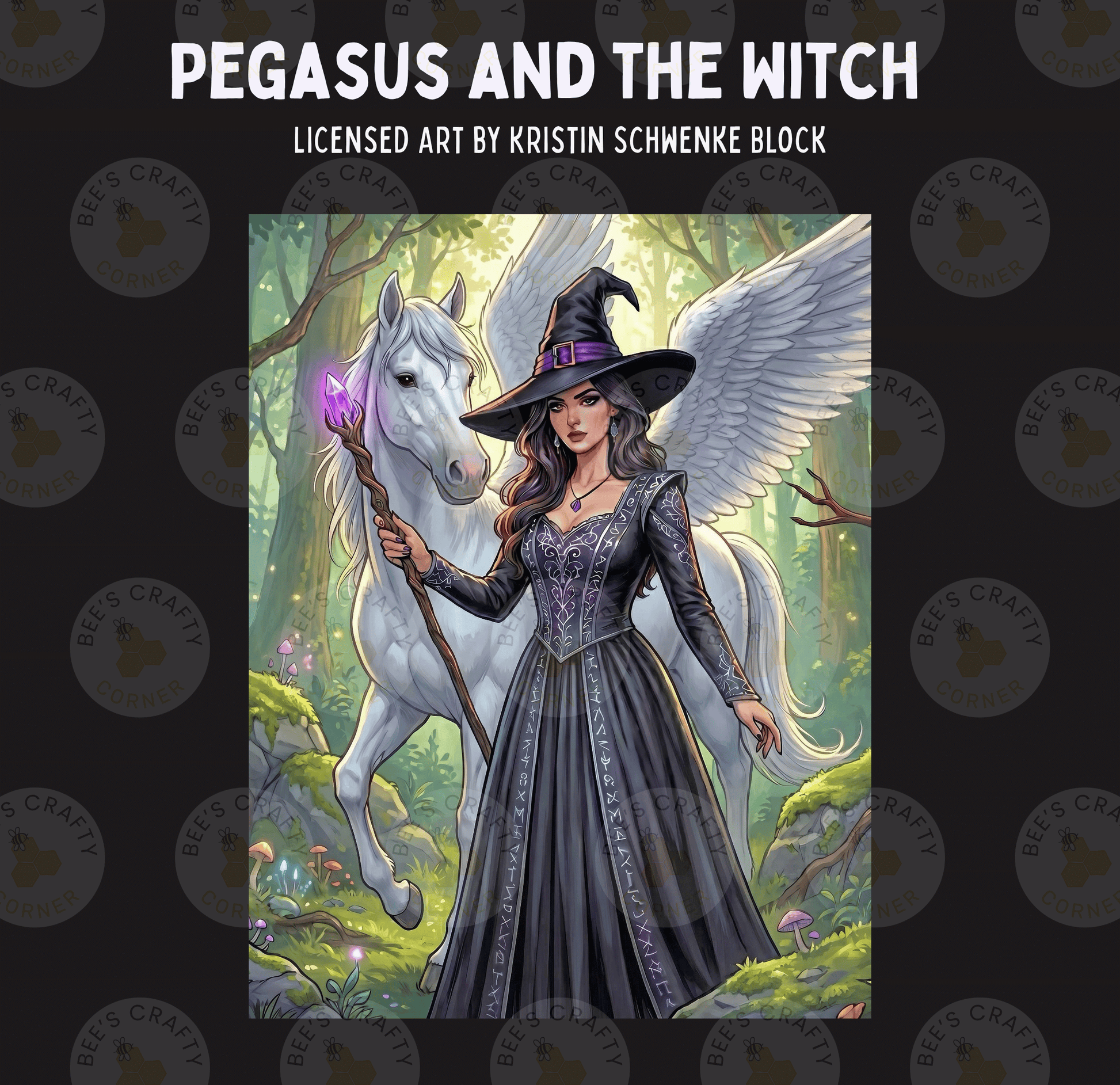 a woman dressed as a witch standing next to a white unicorn in a forest setting.