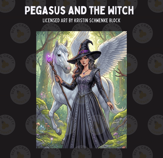 a woman dressed as a witch standing next to a white unicorn in a forest setting.