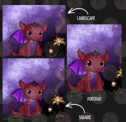 The image is a collage of three images depicting a red dragon with purple wings and a purple tail, surrounded by purple flowers and a purple background. The images are labeled as "LANDscape" and "PORTRAIT" and are described as "Landscape" and "Portrait" respectively.