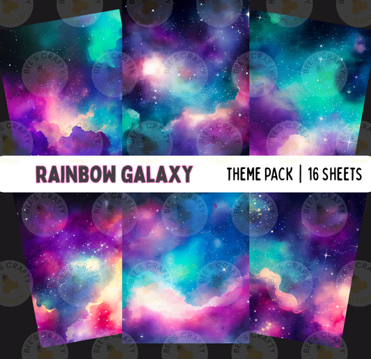 The image is a theme pack containing 16 sheets, each depicting a vibrant and colorful cosmic scene, including a rainbow galaxy.