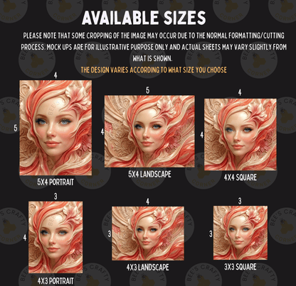The image is a collage of six images featuring a woman's face with intricate, colorful designs surrounding her. The images vary in size, ranging from 5x4 to 5x3, and are arranged in a grid format. The text indicates that some cropping may occur during the normal formatting process, and that mock-ups are available for illustrative purposes only. The actual sheets may vary slightly from what is shown in the images.