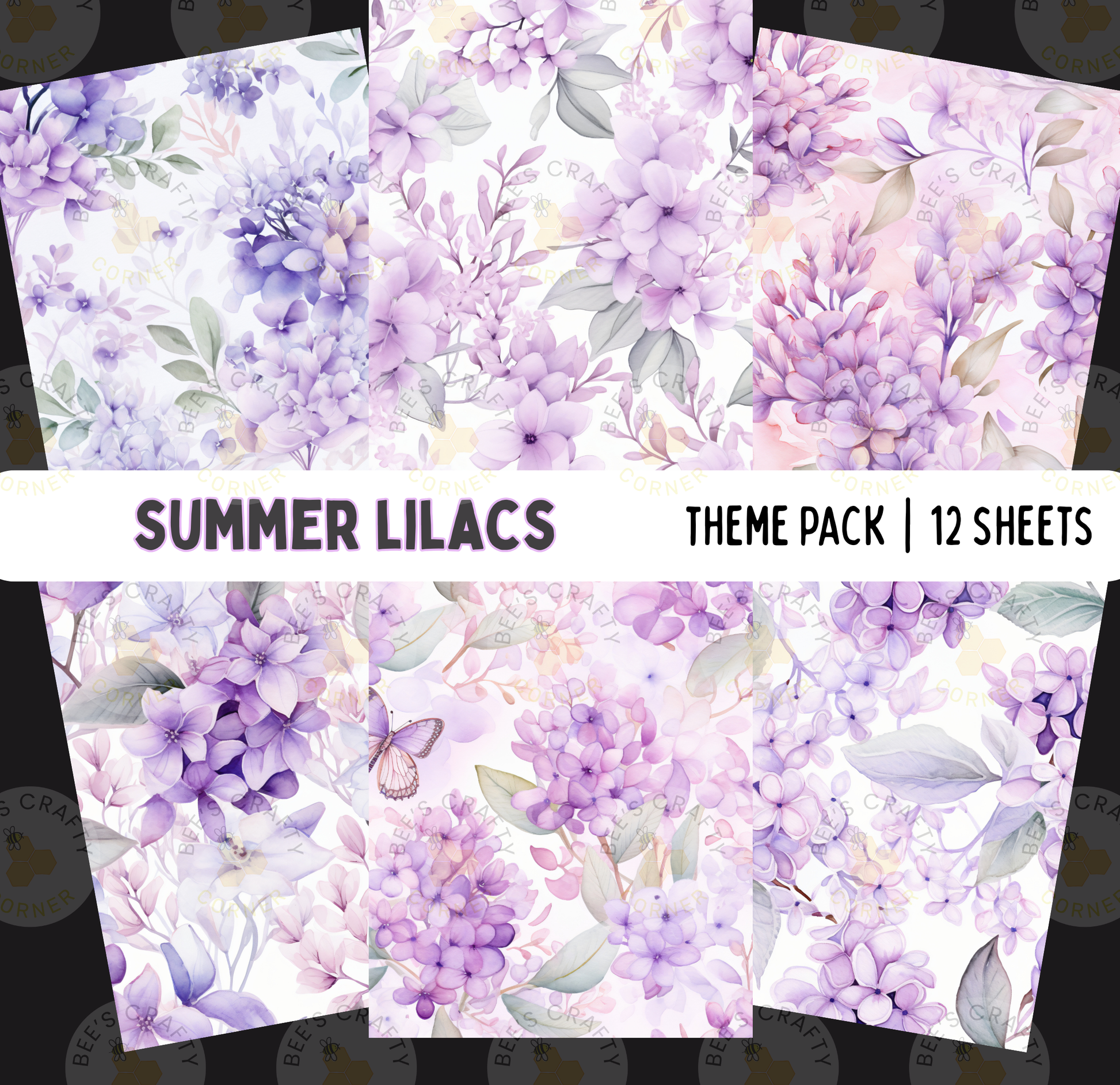 The image is a collage of 12 sheets featuring a repeating pattern of purple flowers and leaves. The pattern is composed of various shades of purple, ranging from light to dark, and includes both flowers and leaves. The text "SUMMER LILacs" is prominently displayed, indicating the theme of the collage.