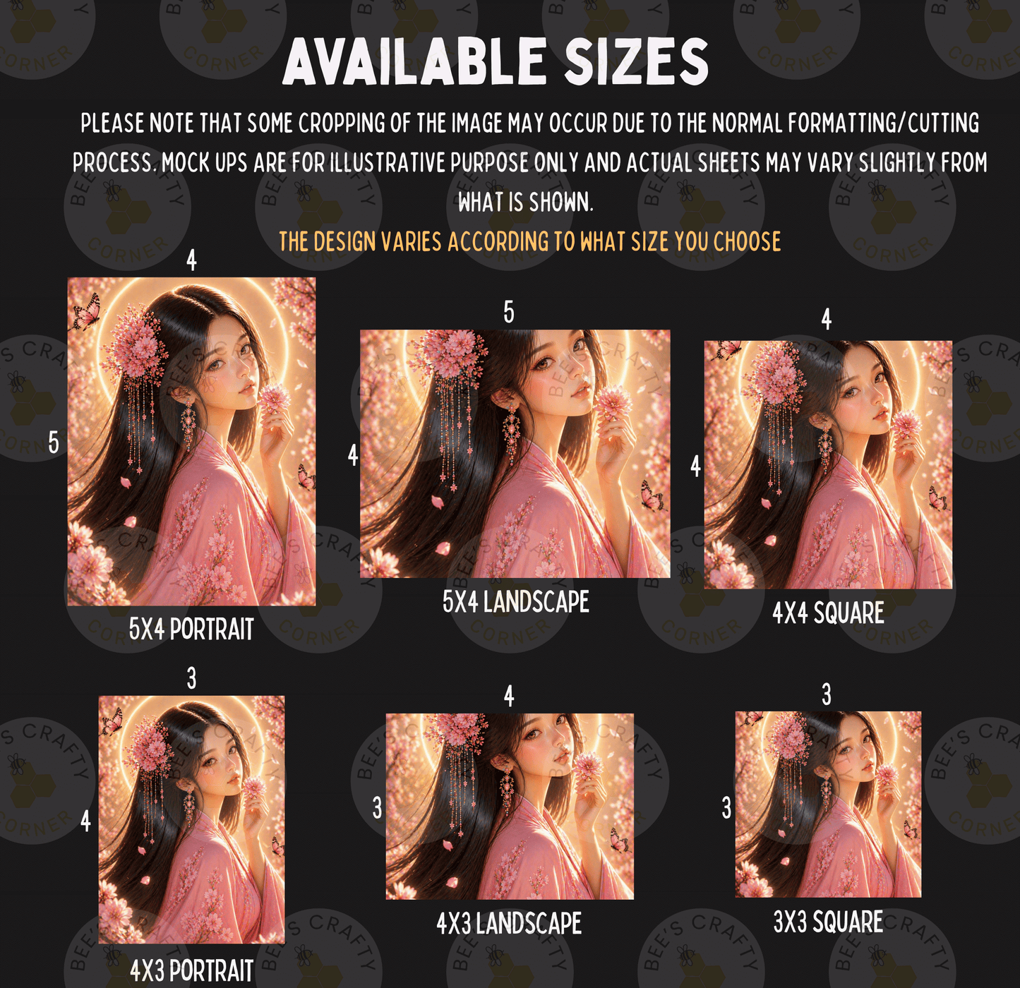 six different sizes of portraits of a woman, each with a unique background and floral design. The sizes range from 5x4 to 5x3, and the background and floral designs vary as well. The text indicates that some cropping may occur during the normal formatting process, and mock-ups are available for illustrative purposes only. The actual sheets may vary slightly from what is shown. The design varies according to the size chosen by the user.
