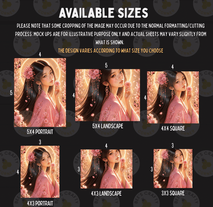six different sizes of portraits of a woman, each with a unique background and floral design. The sizes range from 5x4 to 5x3, and the background and floral designs vary as well. The text indicates that some cropping may occur during the normal formatting process, and mock-ups are available for illustrative purposes only. The actual sheets may vary slightly from what is shown. The design varies according to the size chosen by the user.