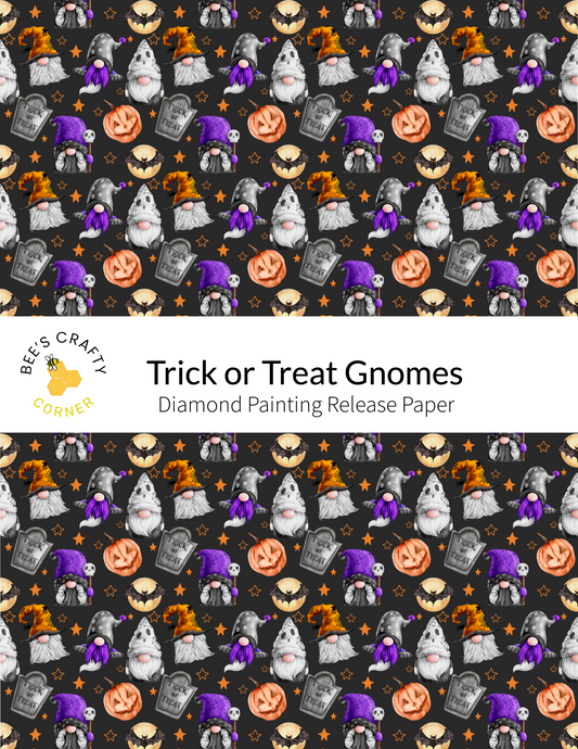 The image is a repeating pattern of various Halloween-themed gnomes and pumpkins, including trick or treat gnomes, against a dark background with stars and bats.