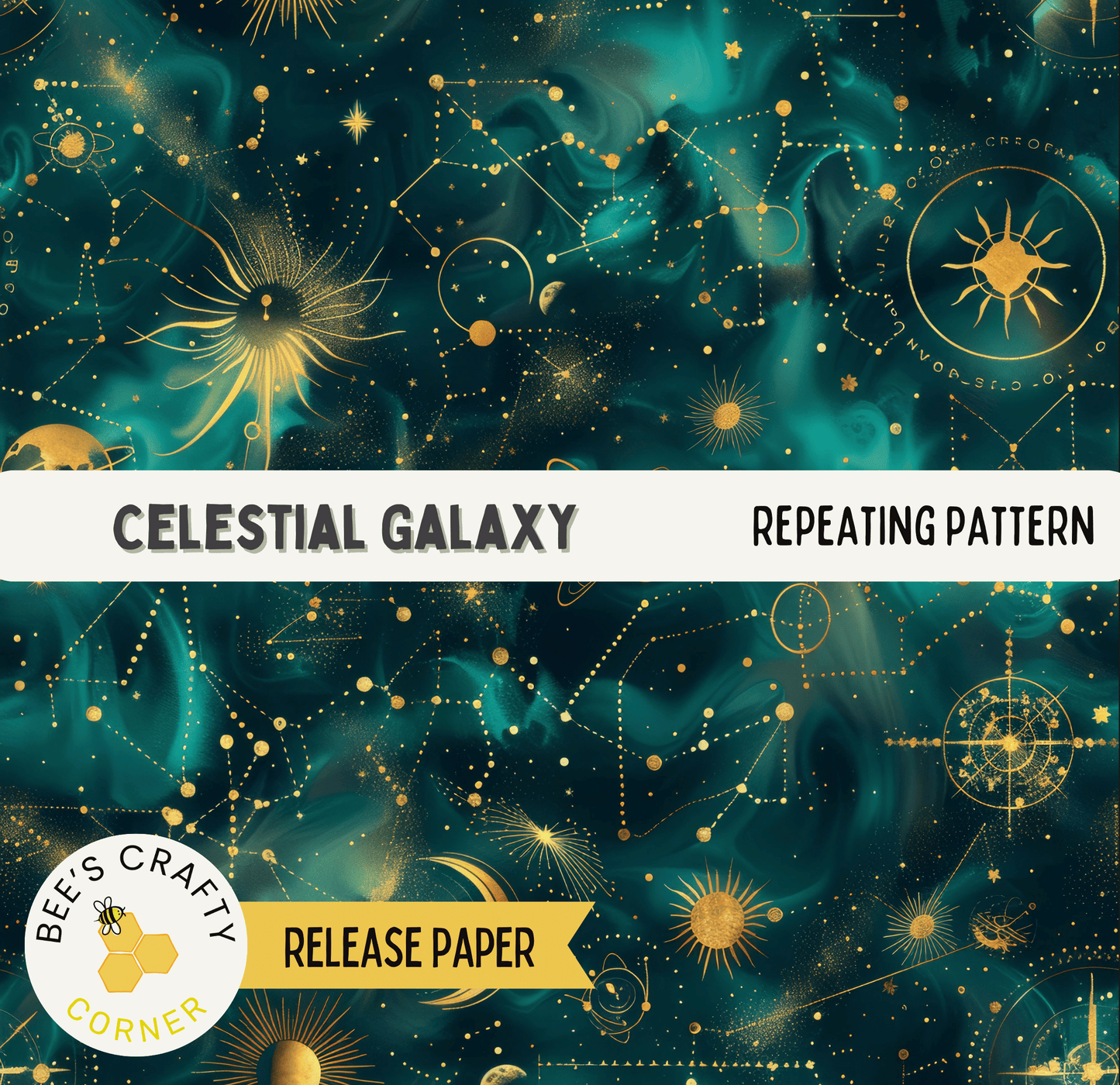 The image is a repeating pattern of celestial elements, including stars, planets, and other cosmic objects, set against a dark blue background with gold and white accents.