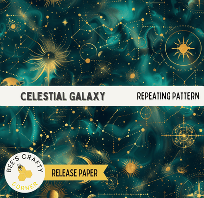 The image is a repeating pattern of celestial elements, including stars, planets, and other cosmic objects, set against a dark blue background with gold and white accents.