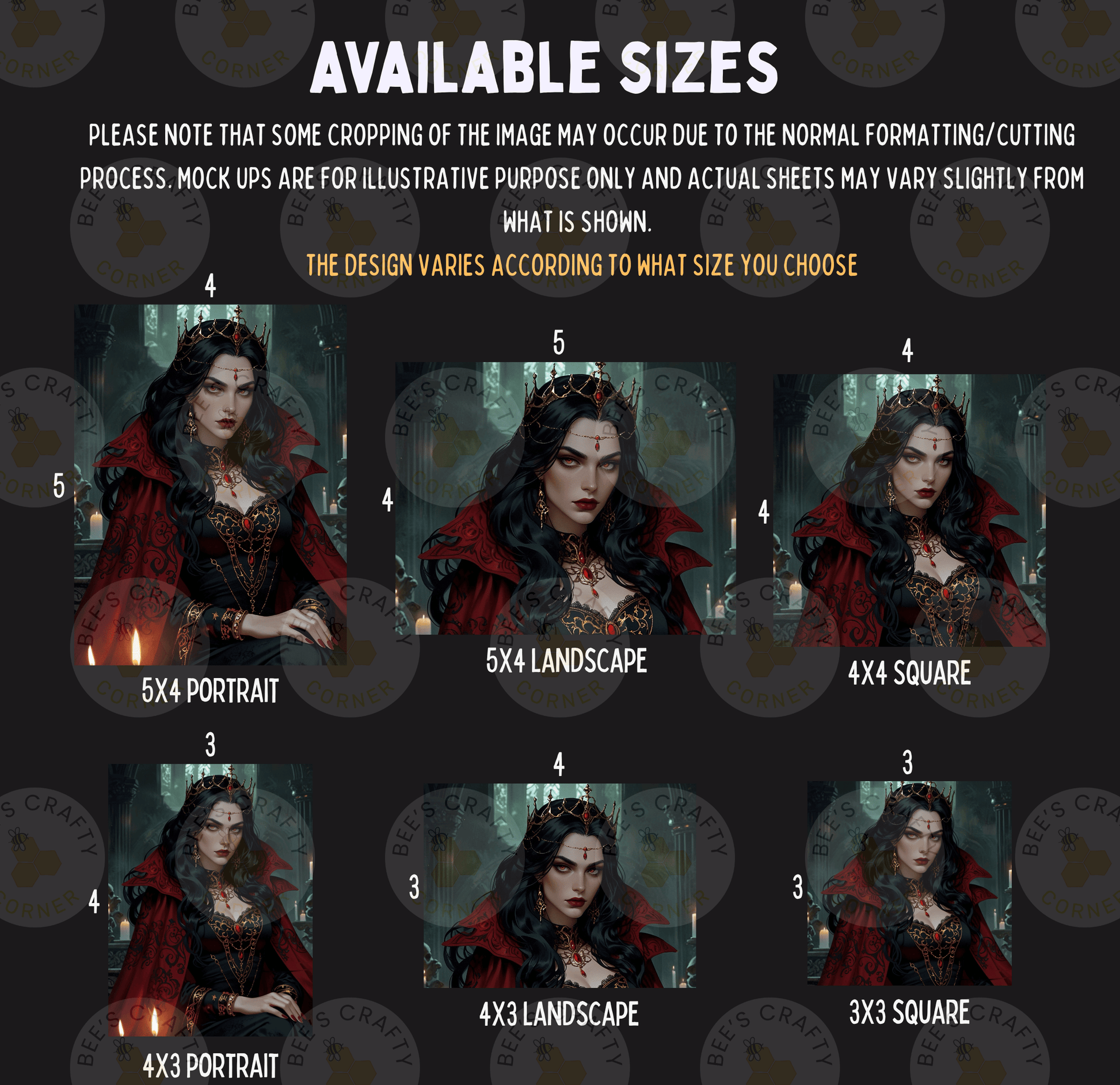 six different portrait sizes, each featuring a woman with dark hair and a red cape. The sizes range from 5x4 to 5x3, and the woman appears to be wearing a red cape. The image is a collage of multiple images, and the sizes vary from 5x4 to 5x3.
