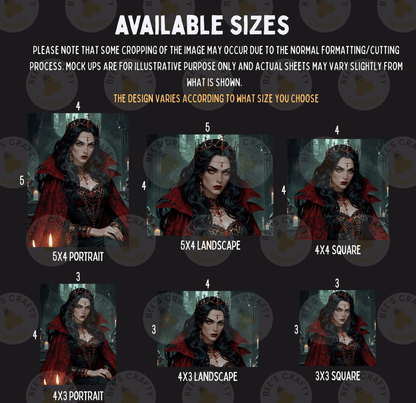 six different portrait sizes, each featuring a woman with dark hair and a red cape. The sizes range from 5x4 to 5x3, and the woman appears to be wearing a red cape. The image is a collage of multiple images, and the sizes vary from 5x4 to 5x3.