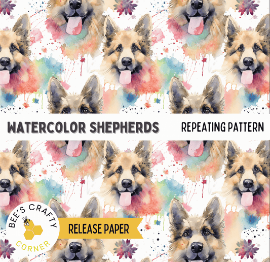 The image is a repeating pattern of watercolor-style dog faces, with splashes of color and watercolor-like texture.