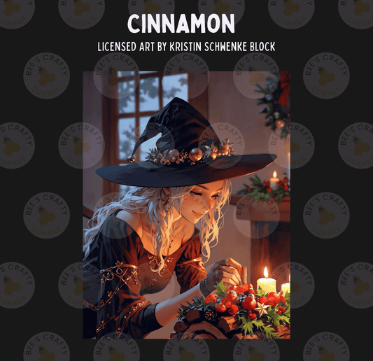 The image is a digital illustration of a woman wearing a witch's hat, holding a candle and surrounded by a wreath of berries and pine cones.
