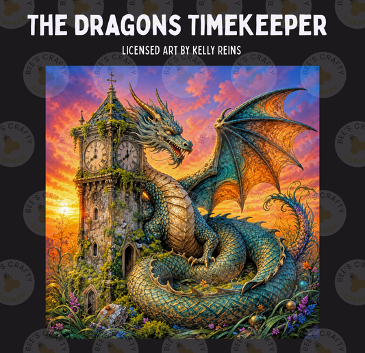 a large, colorful dragon with a clock tower in the background, set against a vibrant sunset sky.