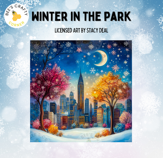 The image is a painting depicting a cityscape with a snowy park in the foreground, featuring trees with pink and orange leaves, and a crescent moon in the night sky.