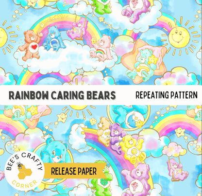 The image is a repeating pattern of various Rainbow Caring Bears in different poses and colors, set against a backdrop of clouds, rainbows, and stars.