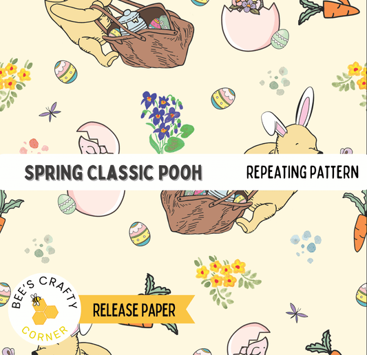 The image is a repeating pattern featuring Easter eggs, flowers, carrots, and a bunny. The pattern includes various Easter-themed elements such as eggs, flowers, carrots, and a bunny. The text "SPRING CLASSIC POOH" and "REPEATING PATTERN" are visible, along with the release paper and bee crafty corner logo.