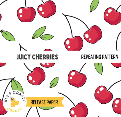 a repeating pattern of red cherries with green leaves, and the text "Juicy Cherries" and "REPEATING PATTERN" are visible.