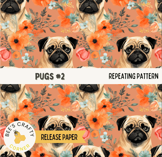 The image is a repeating pattern of pug dogs against a background of orange and green flowers.