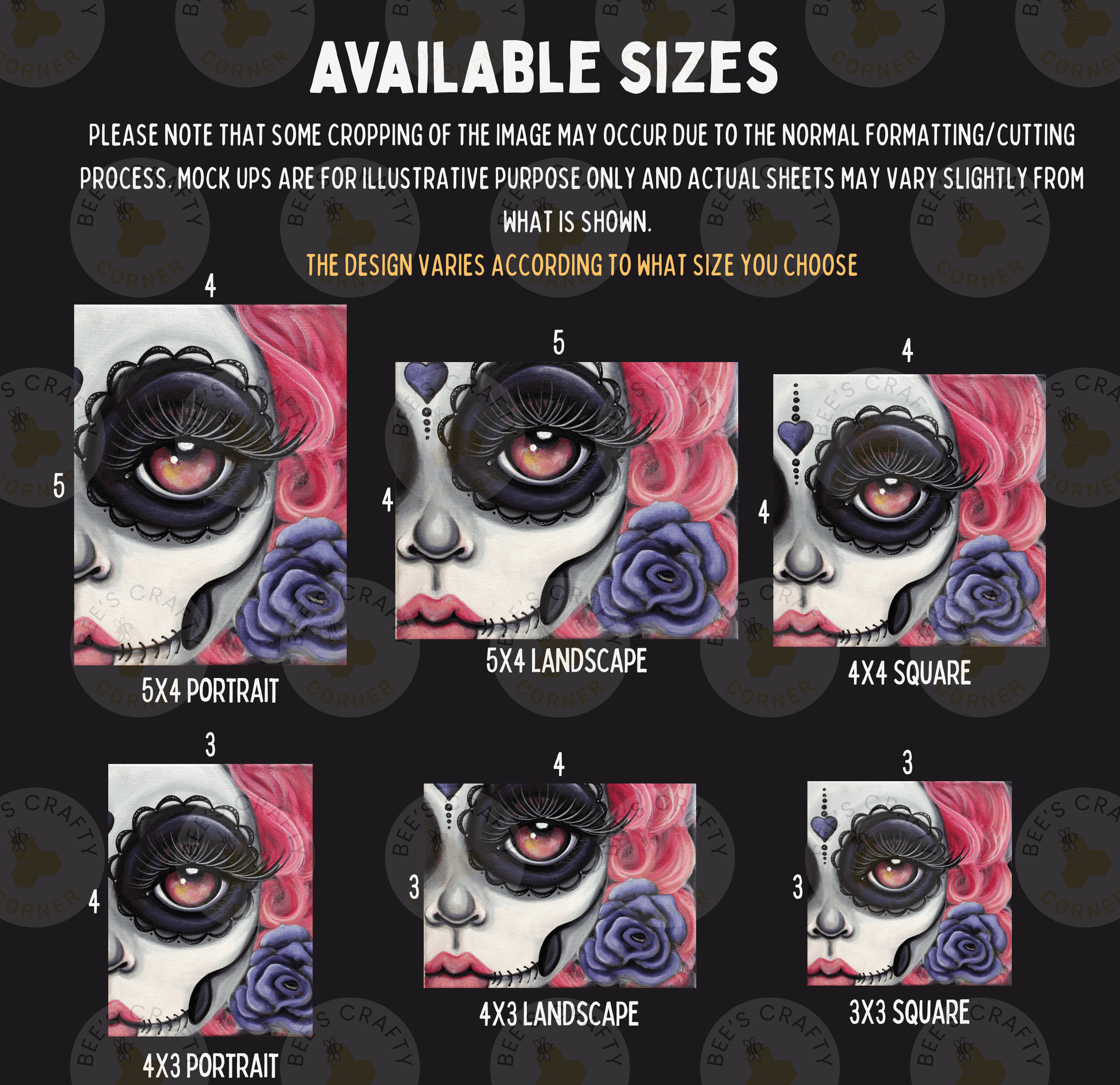 The image is a collage of six different artistic interpretations of a skull face, each with a different size and style. The sizes range from 5x4 to 5x3, and the styles include portrait, landscape, and square. The image is not a single, continuous scene but rather a collection of individual images that come together to form a larger, cohesive visual.