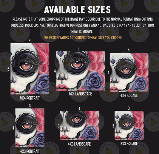 The image is a collage of six different artistic interpretations of a skull face, each with a different size and style. The sizes range from 5x4 to 5x3, and the styles include portrait, landscape, and square. The image is not a single, continuous scene but rather a collection of individual images that come together to form a larger, cohesive visual.