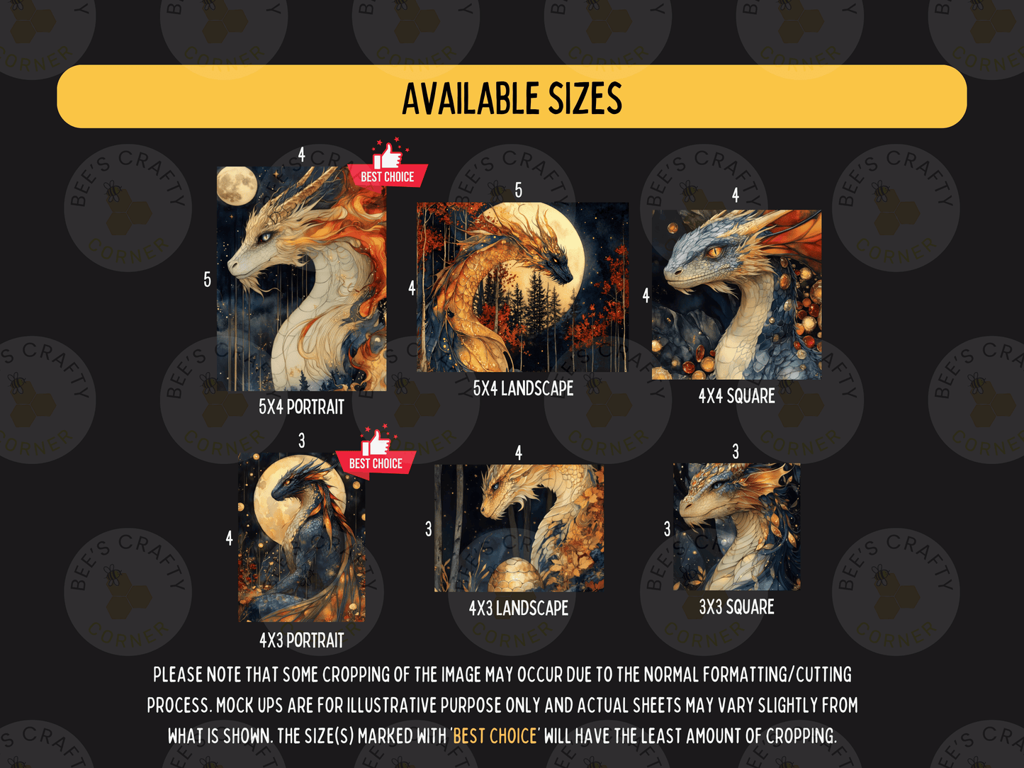 The image is a collage of six different dragon-themed paintings, each with a different size and format. The available sizes are 5x4, 5x6, 5x8, 5x10, 5x12, and 5x14. The paintings vary in size and style, showcasing the artist's creativity and skill in capturing the essence of the dragon.