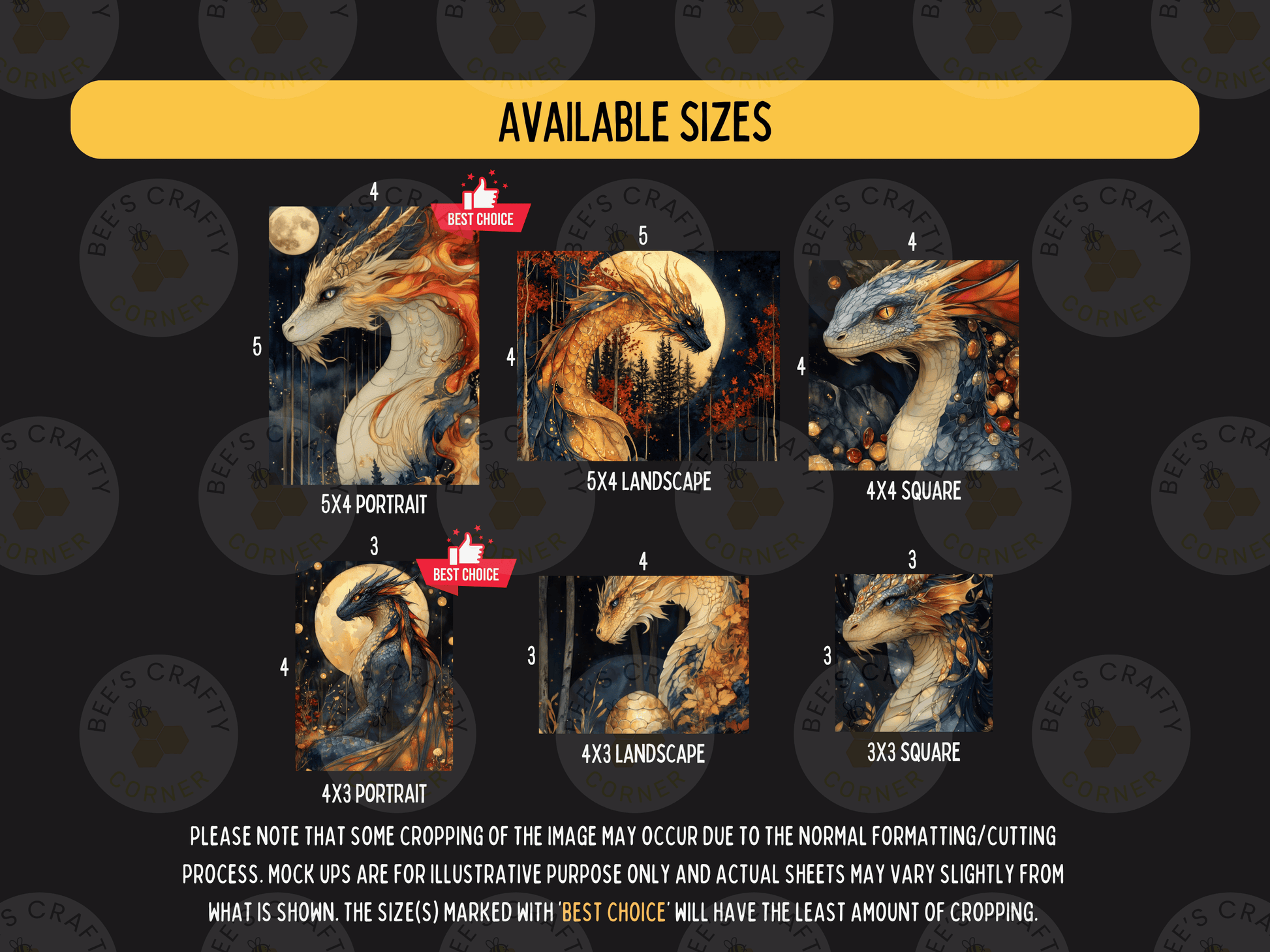 The image is a collage of six different dragon-themed paintings, each with a different size and format. The available sizes are 5x4, 5x6, 5x8, 5x10, 5x12, and 5x14. The paintings vary in size and style, showcasing the artist's creativity and skill in capturing the essence of the dragon.