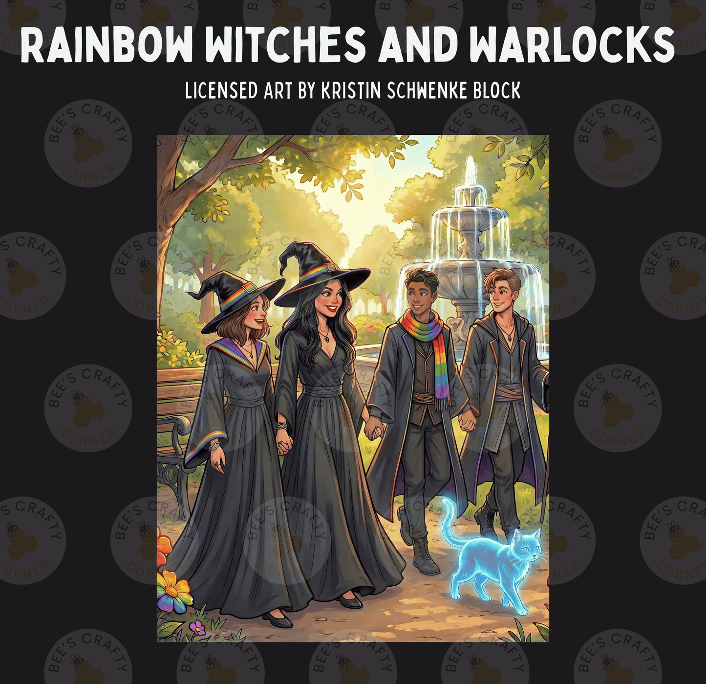 The image is a collage of three panels depicting a group of people dressed as witches and a cat, with a fountain in the background.