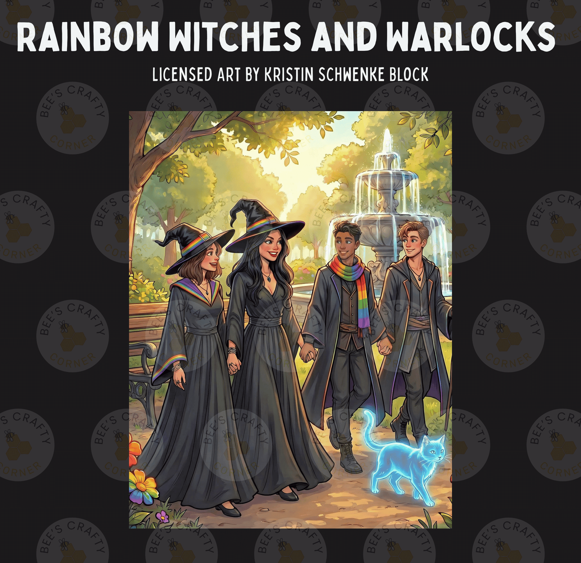 The image is a collage of three panels depicting a group of people dressed as witches and a cat, with a fountain in the background.