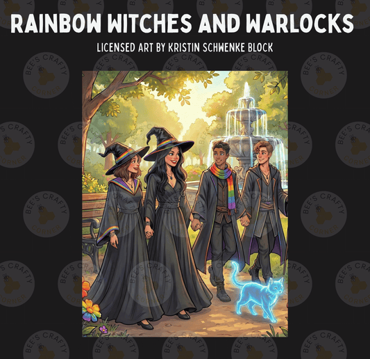 The image is a collage of three panels depicting a group of people dressed as witches and a cat, with a fountain in the background.