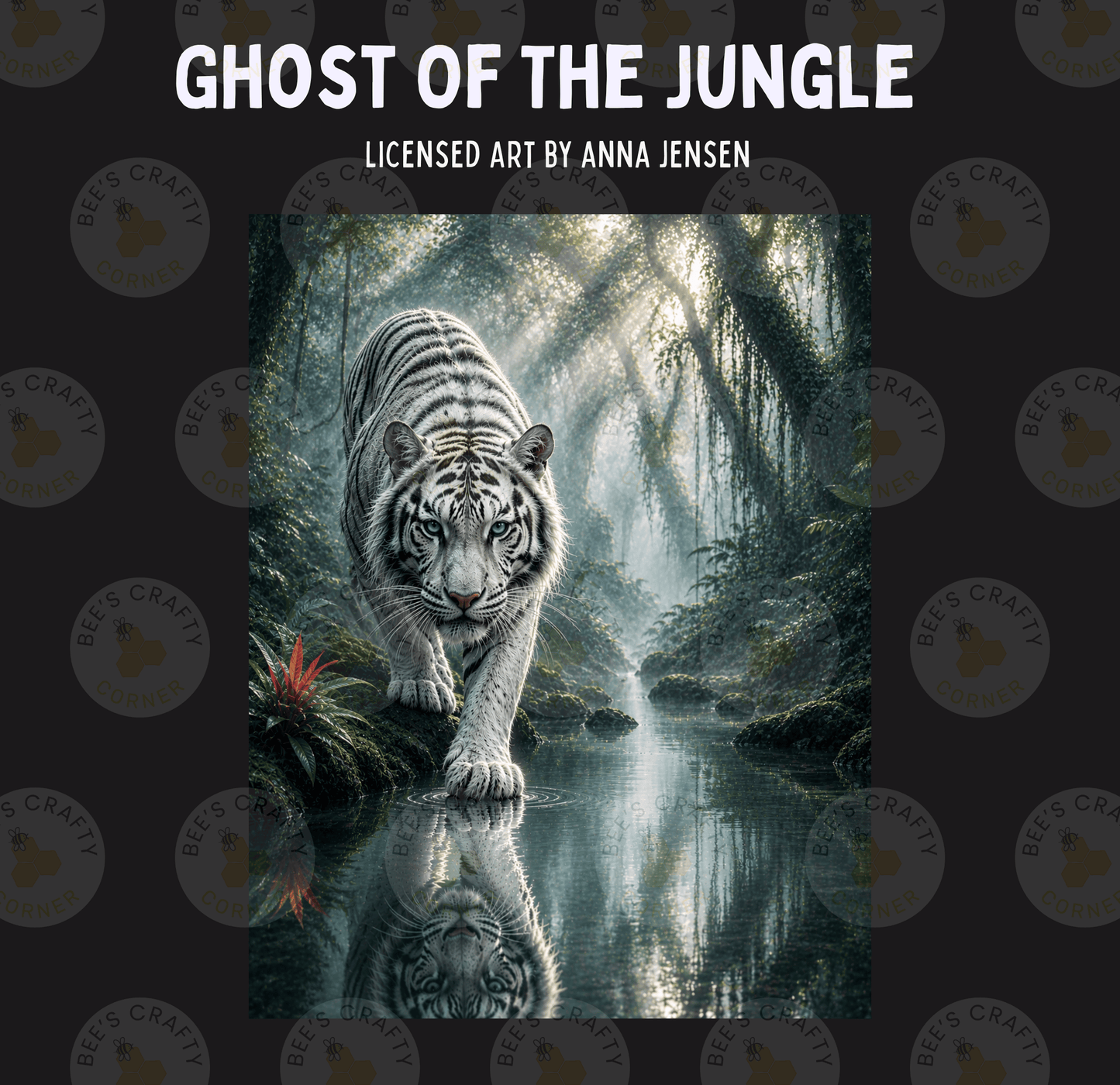 A majestic white tiger strides confidently through a lush, verdant jungle, its reflection mirrored in the still waters of a river.
